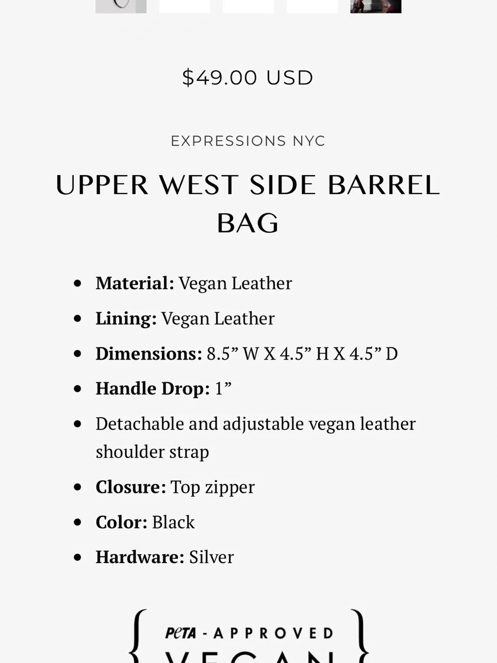 Upper West Side Barrel Bag Vegan Leather Adjustable/Removable Strap Black/Gray - Picture 15 of 16